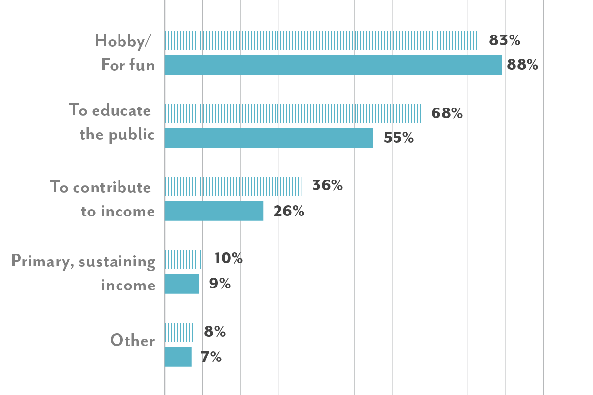 Hobby/ for fun: 88% in 2019.  To educate the public: 55% in 2019. As a revenue stream contributing to income: 26% in 2019.Primary, sustaining income source: 9% in 2019. Other: 7% in 2019.  