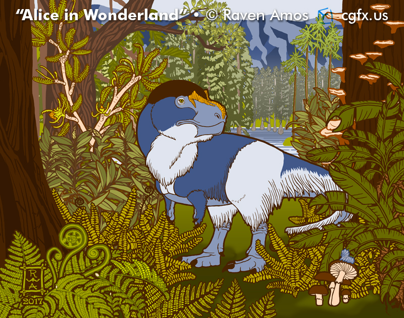 "Alice in Wonderland," an illustration of Nanuqsaurus by Raven Amos