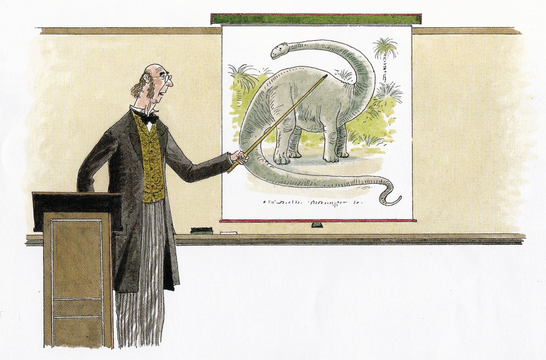 Lecturer pointing at painting of grey dinosaur
