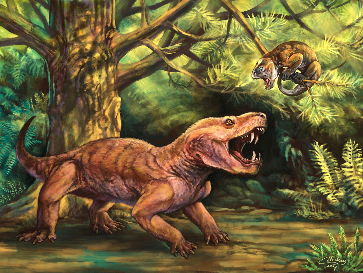 Illustration of the therapsid Gorynynchus, illustrated by Matt Celeskey. Shared here with the artist's permission.