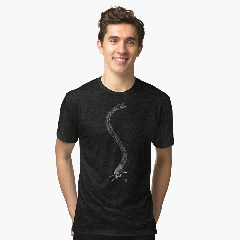 A model wearing a black tee shirt with white skeletal art of the long-necked marine reptile Elasmosaurus
