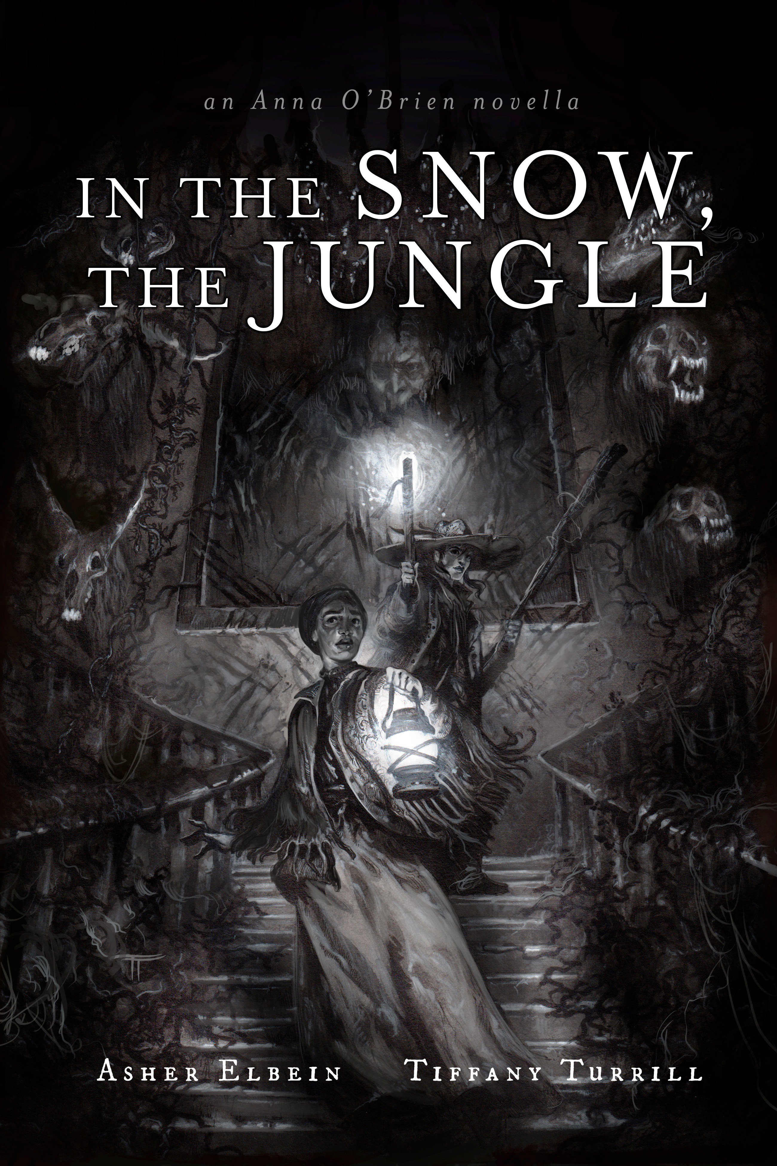 Cover art of Asher Elbein's In the Snow, the Jungle, illustrated by Tiffany Turrill, featuring two women exploring a freaky house full of animal skulls