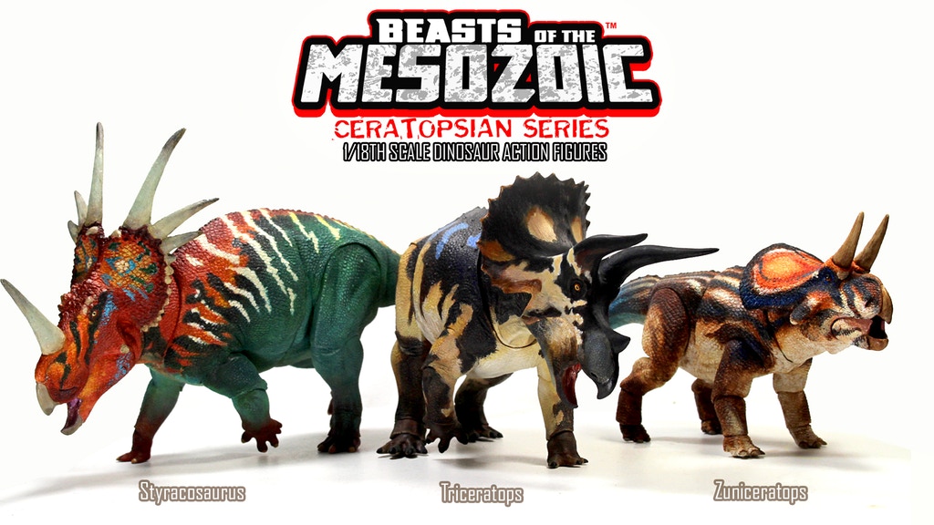 Beasts of the Mesozoic ceratopsians title card featuring Styracosaurus, Triceratops, and Zuniceratops figures