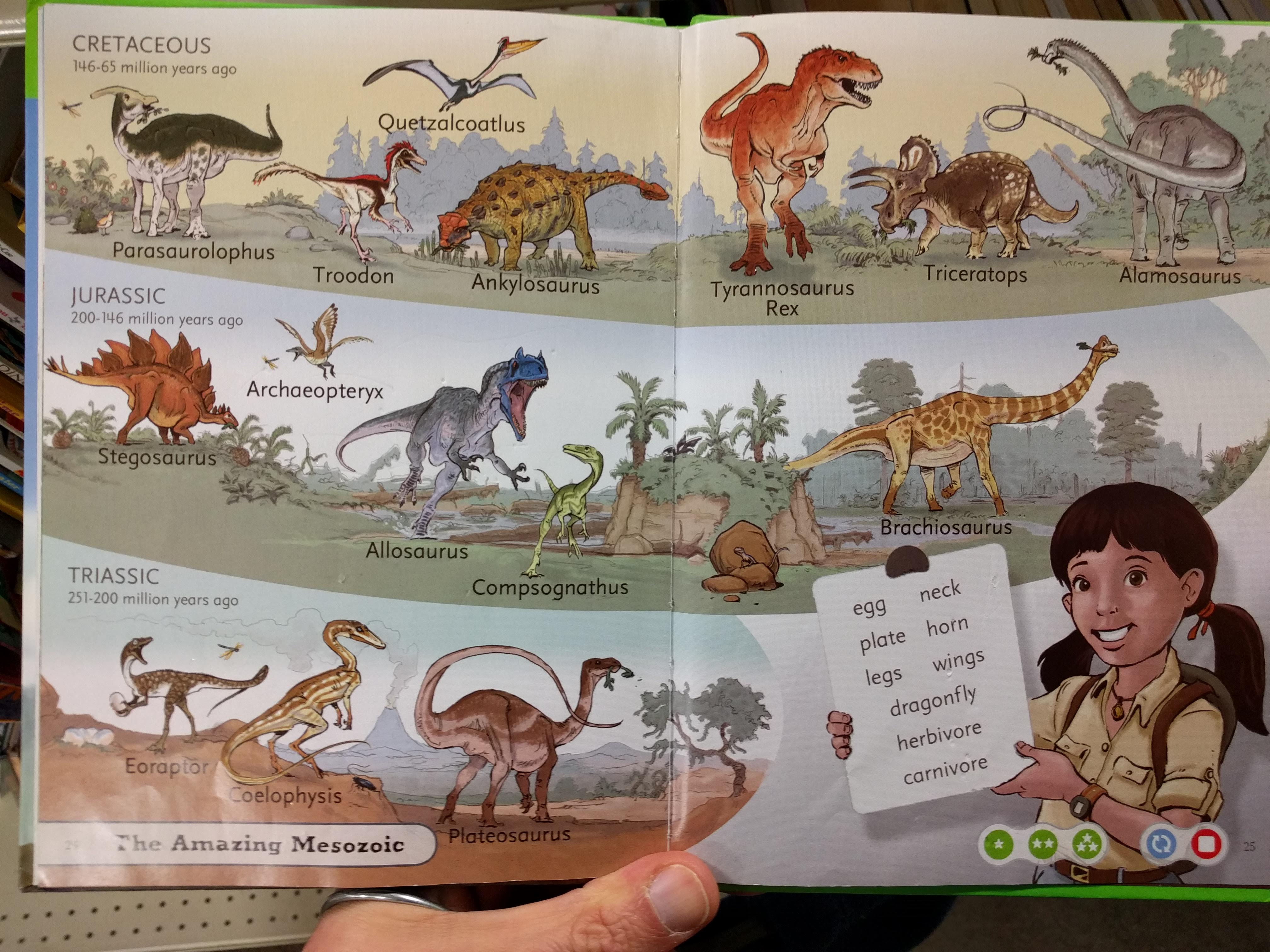 Interior pages of T. Rex's Mighty Roar, depicting an illustrated geological timeline of the Mesozoic era
