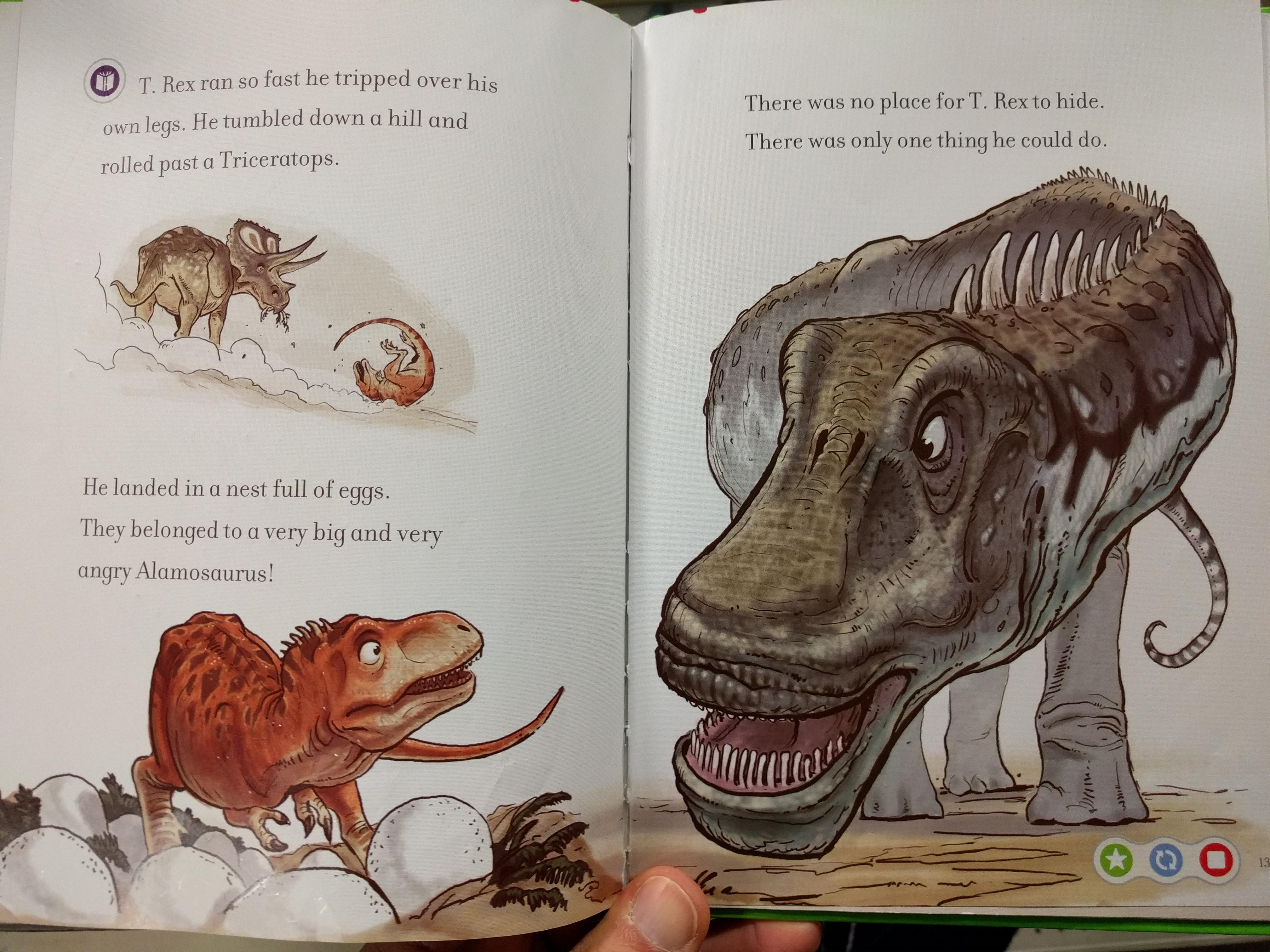 Interior pages of T. Rex's Mighty Roar, depicting Alamosaurus