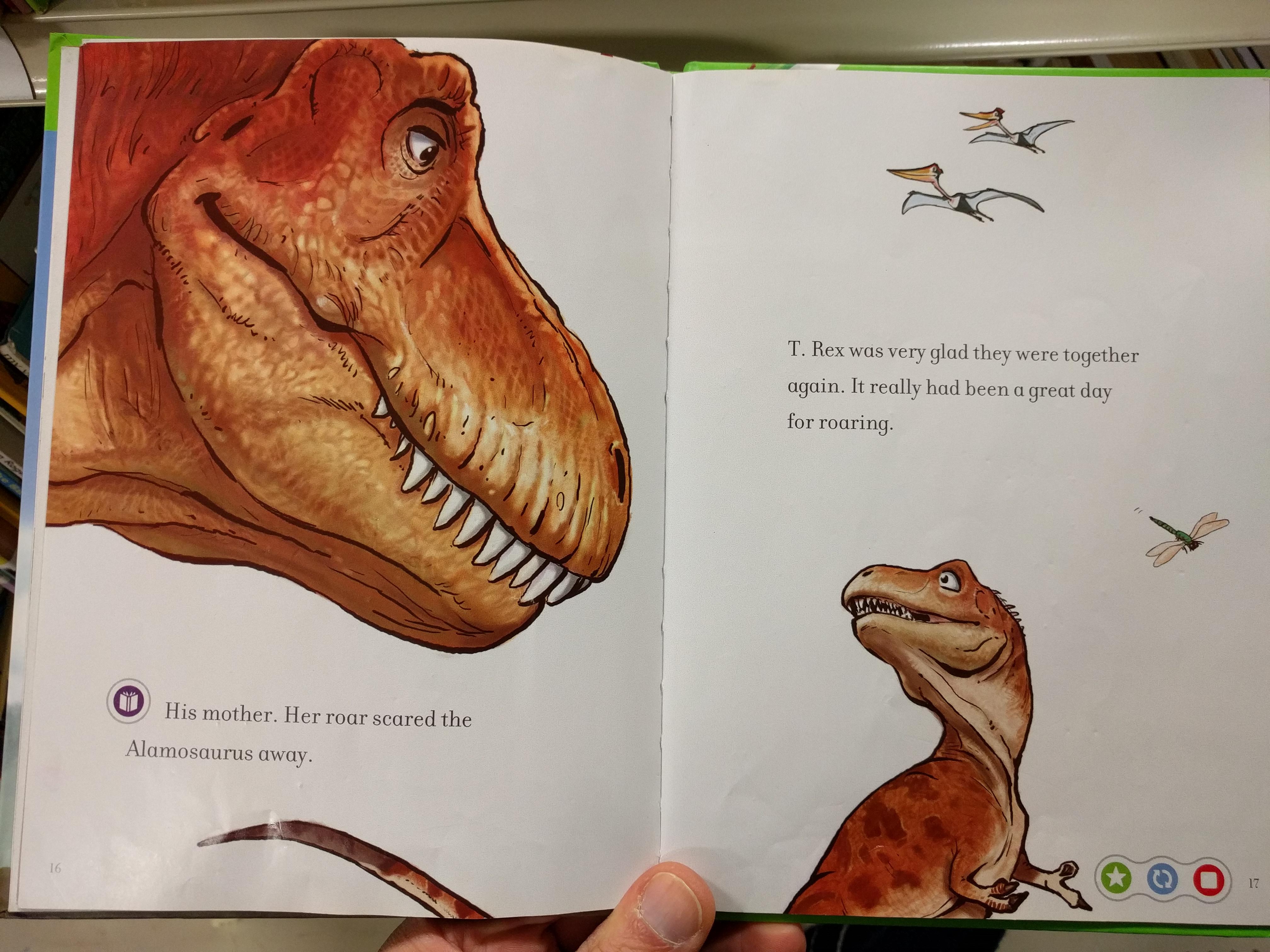 Interior pages of T. Rex's Mighty Roar, depicting a mother and juvenile rex