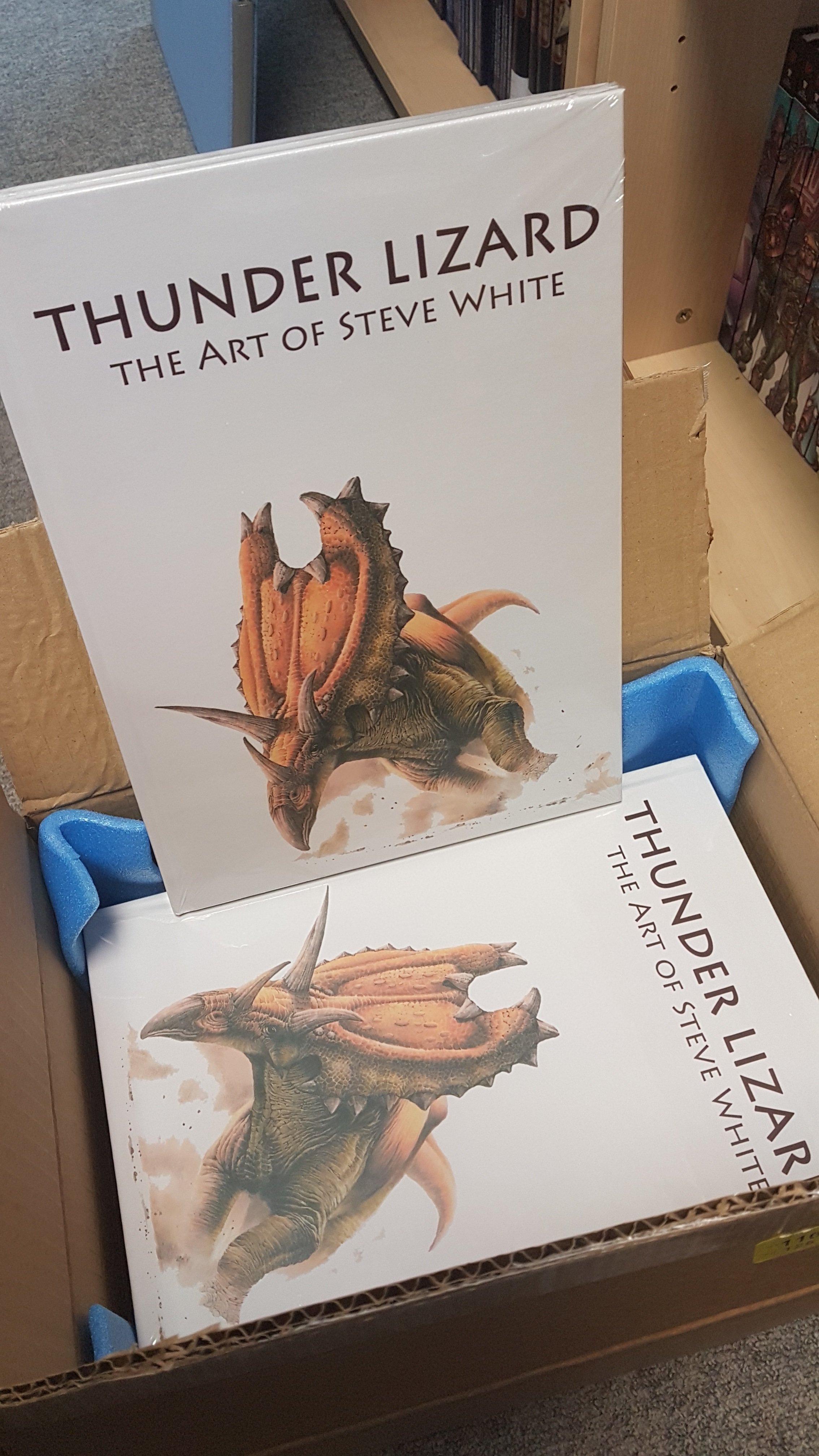 A box of Steve White's "Thunder Lizard" book 