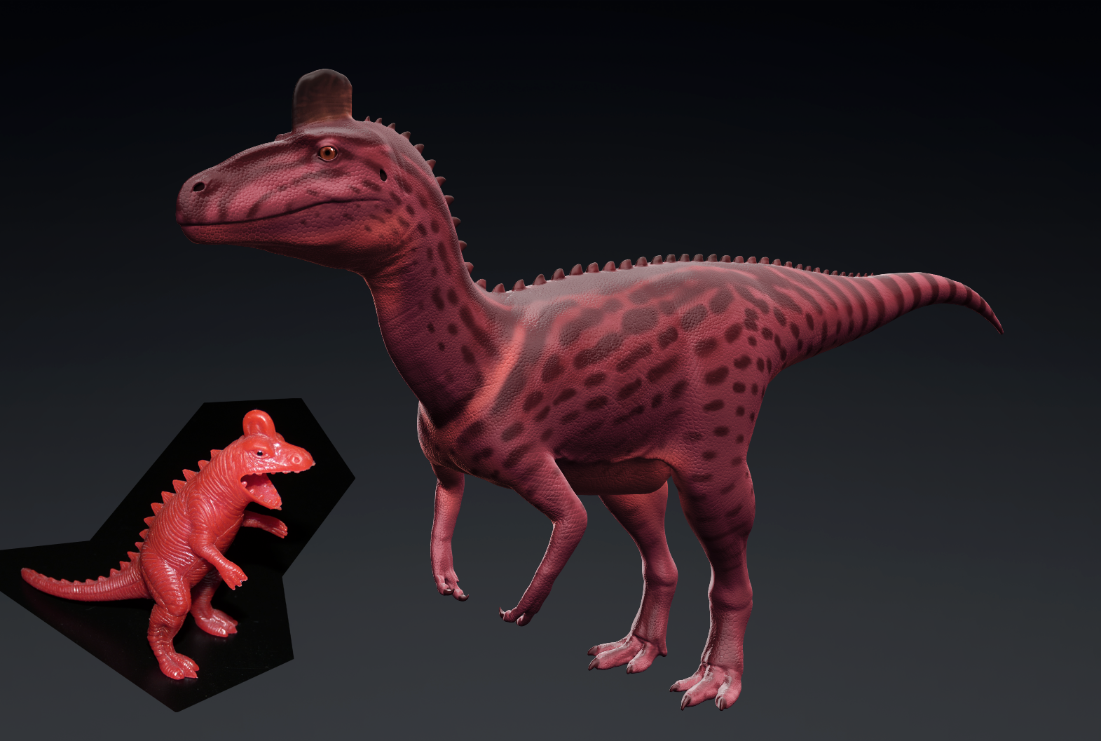 "Ludolophosaurus" dinosaur model with inset image of the original Chinese dinosaur toy that inspired it