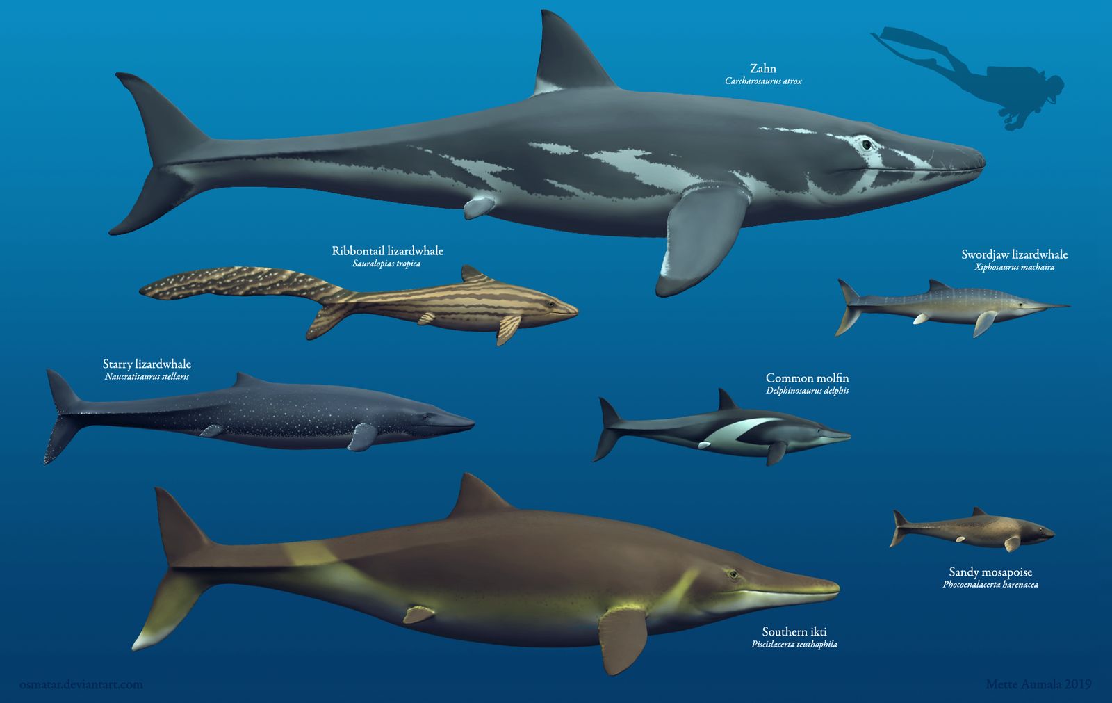 An assortment of speculative mosasaurs by Mette Aumal
