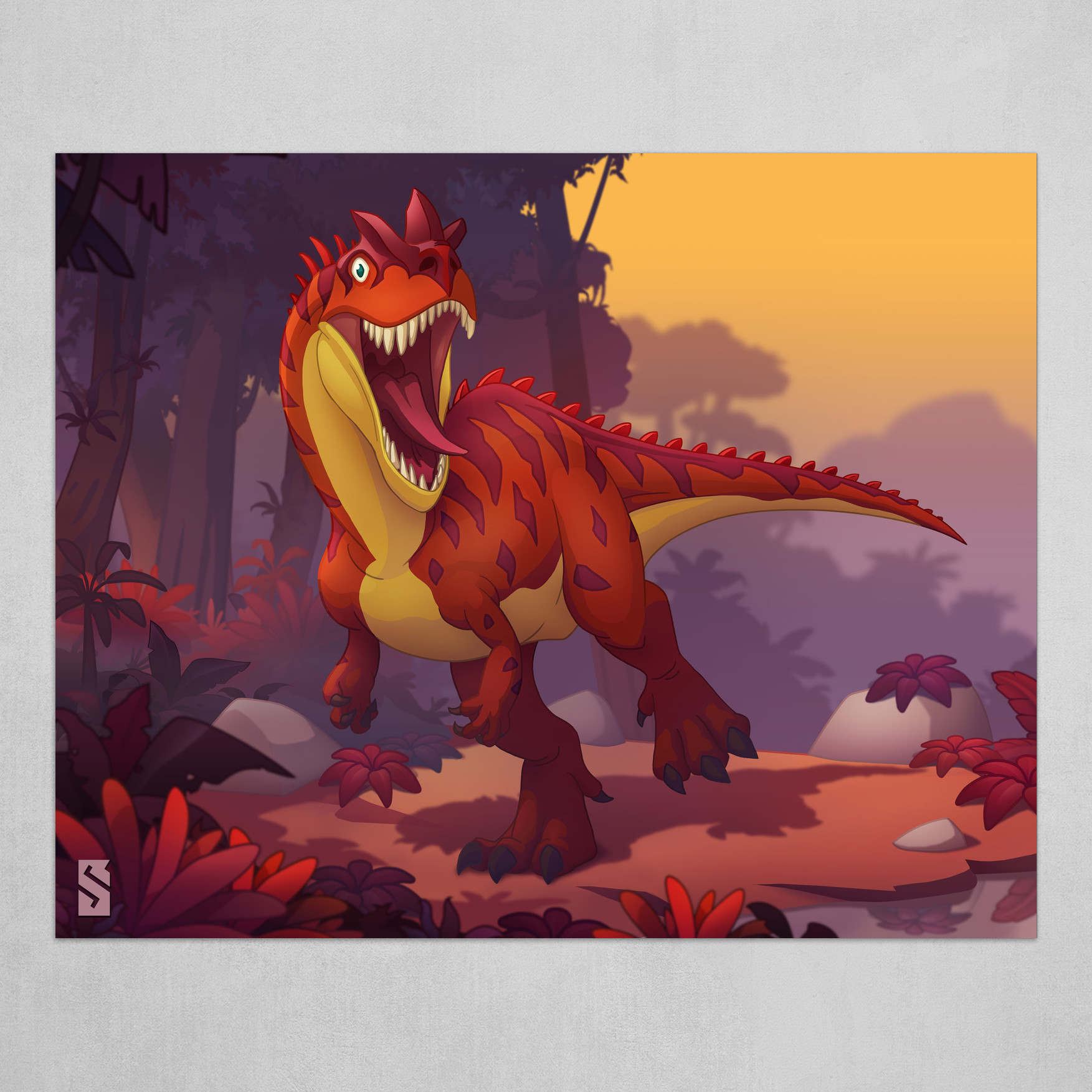 A red cartoon depiction of Ceratosaurus