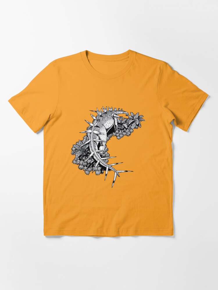 Yellow tee shirt with a black and white illustration of Kentrosaurus