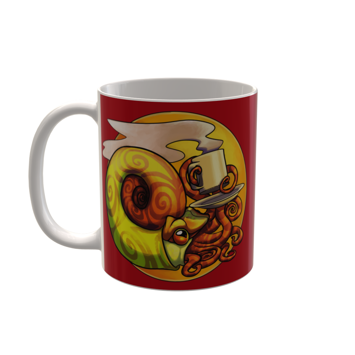 A mug with a cartoony ammonite illustration on it