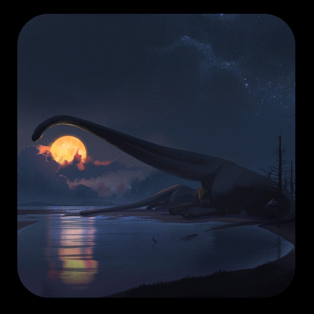 A pair of the sauropod qijianglong in the moonlight, near a shoreline