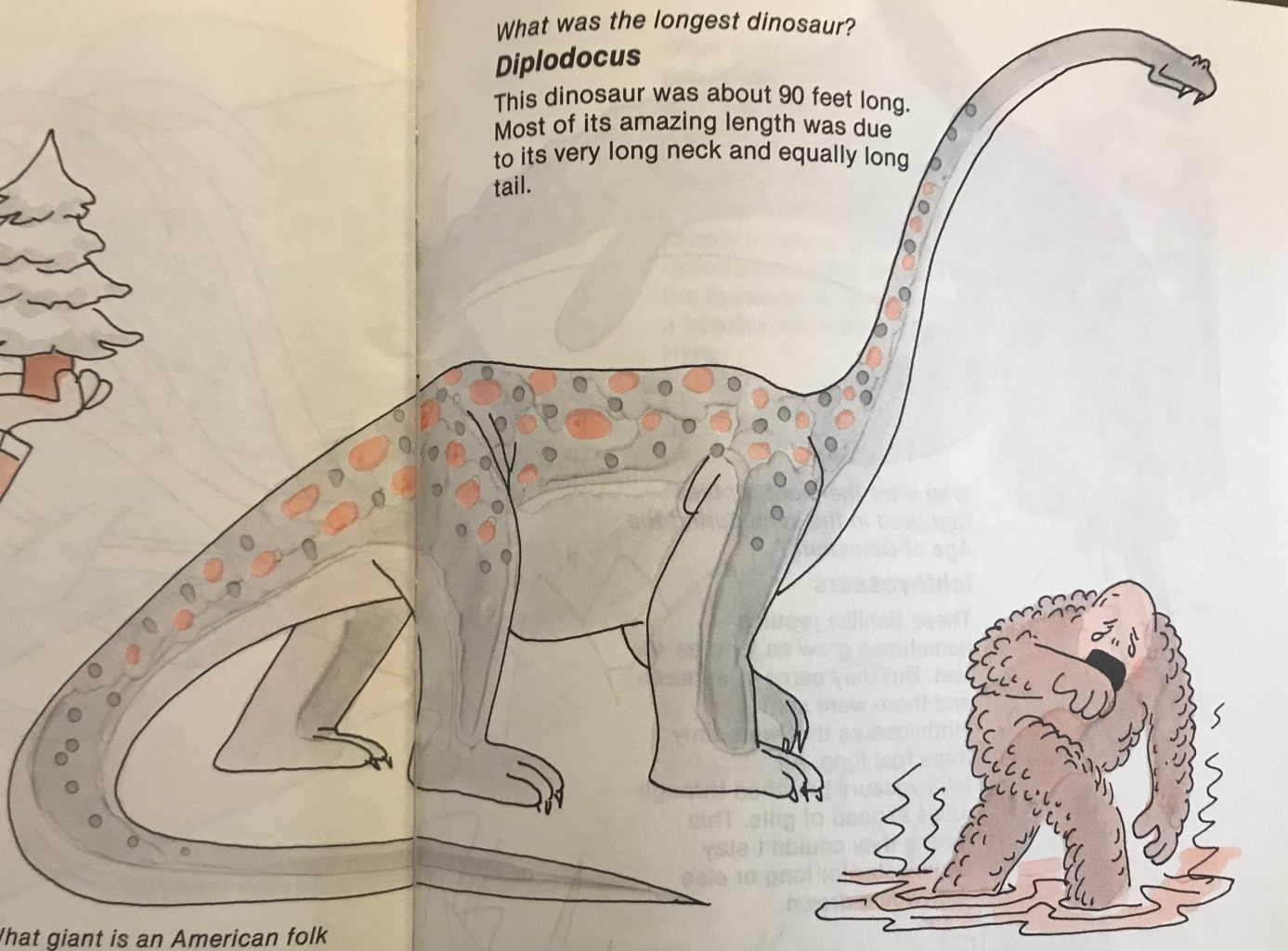 A cartoony Diplodocus with red speckles and snake-like fangs.