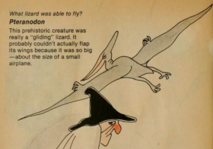 A cartoony Pteranodon soaring behind the head of a red-nosed warlock with a black hat.