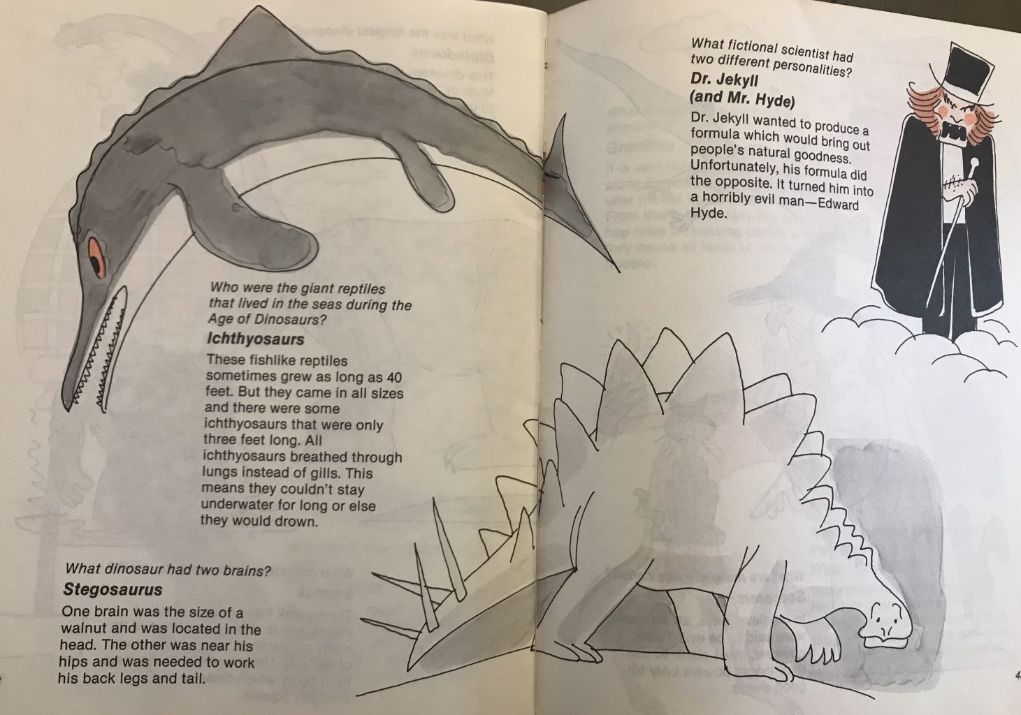 Cartoonish depictions of an ichthyosaur, Stegosaurus, and Dr. Jekyll