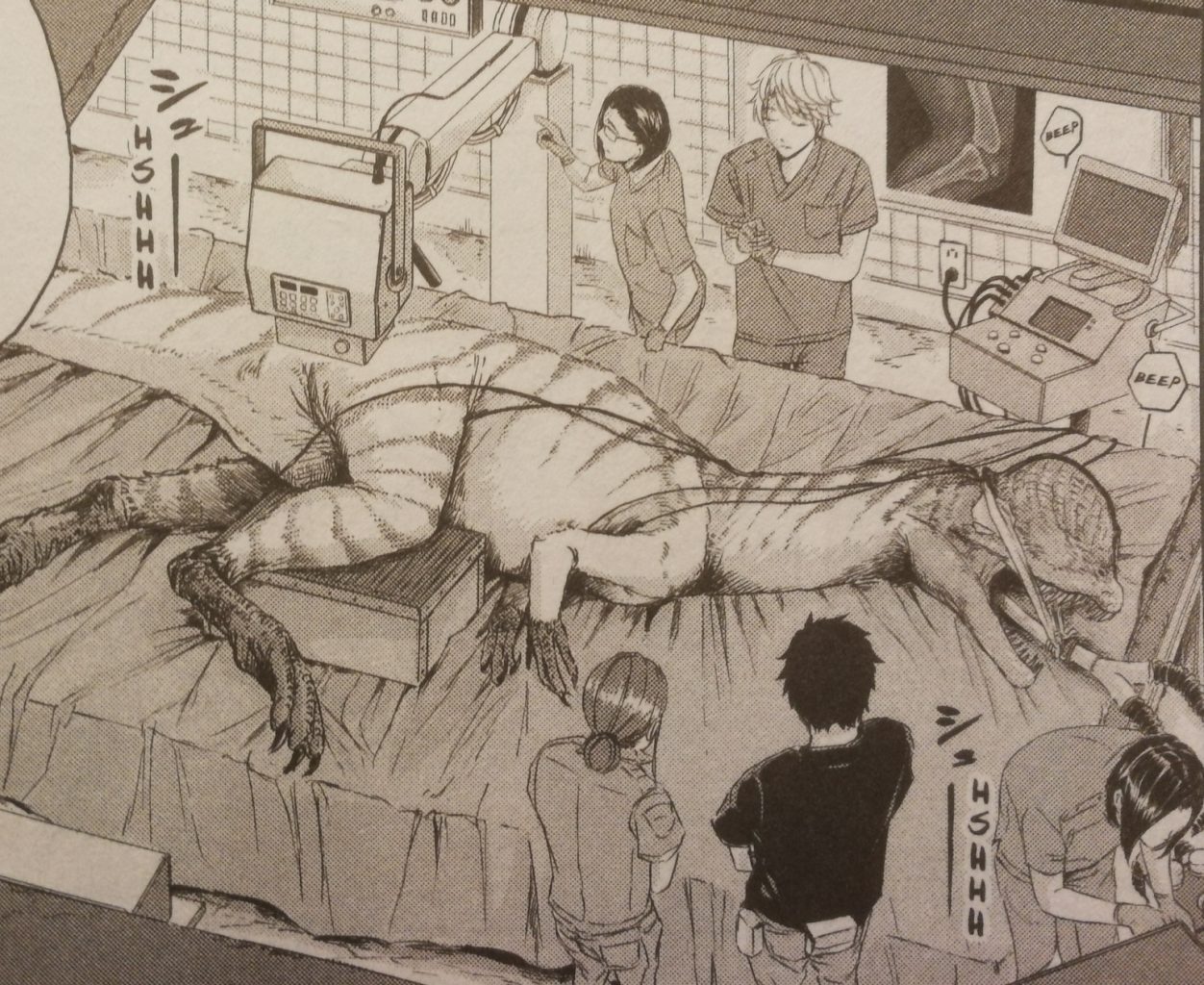 A large theropod dinosaur is stretched out on a surgical table as staff congregate around it.