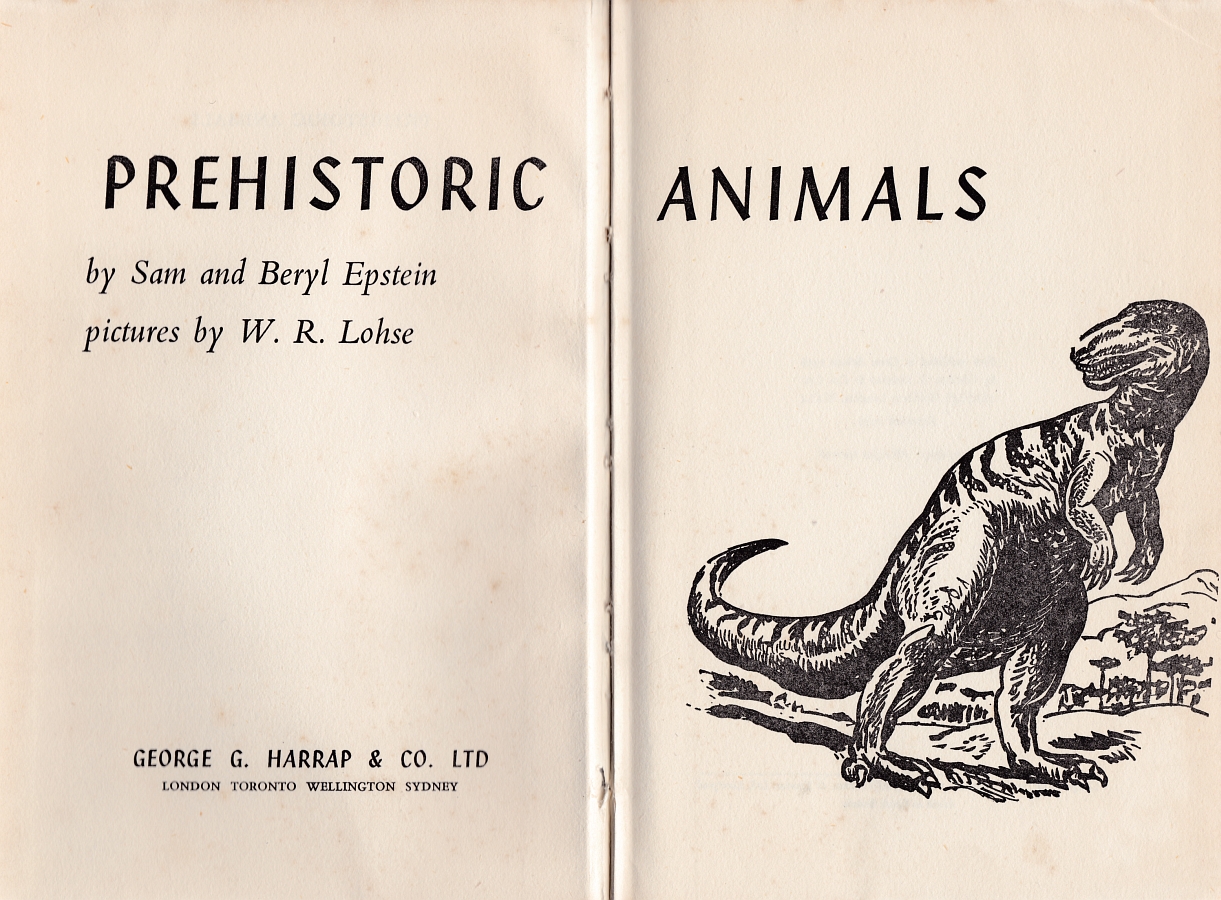 Prehistoric Animals title page featuring Allosaurus by W R Lohse
