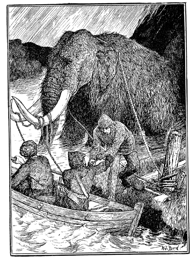 Black and white line drawing of human hunters trapping a mammoth.
