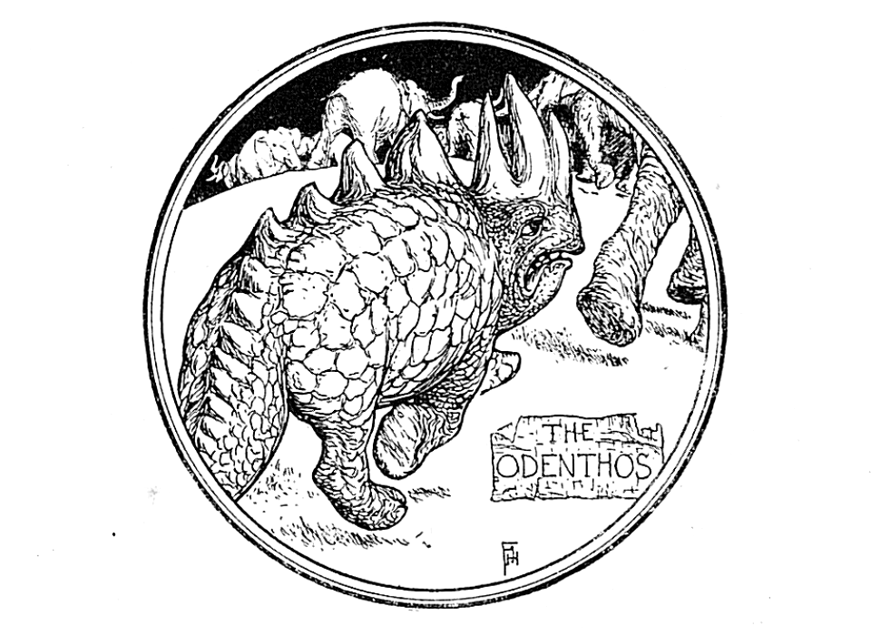 A black and white line drawing in a circular frame of a horned quadrupedal reptilian monster with the caption "Odenthos."