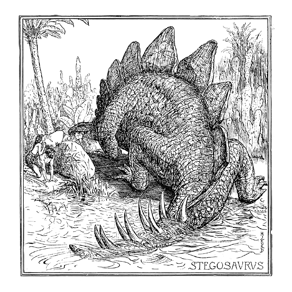 Henry Justice Ford black and white illustration of Stegosaurus, accompanied by cave-people