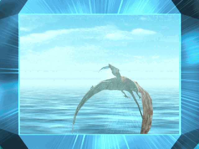 A Eudimorphodon snatches a fish over a sparkling blue sea.
