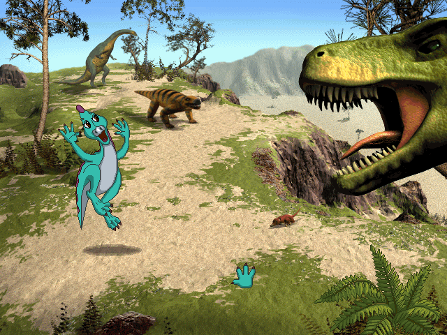 Rolph the Parasaurolophus leaps in shock as a giant green Tyrannosaurus roars from the right side of the screen.