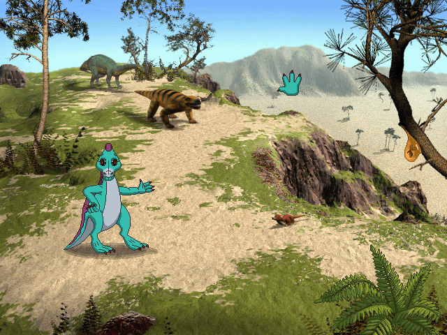 Rolph the Parasaurolophus gestures to an insect stuck in tree sap, while a Cynognathus and Plateosaurus stand atop a cliffside behind hip.