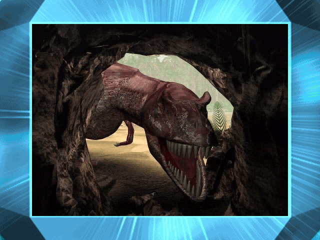 An Allosaurus lunges at the viewer through the opening of a cave.