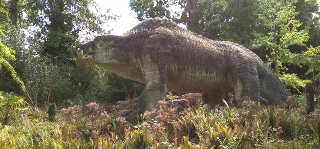 Crystal Palace Megalosaurus statue with a damaged lower jaw