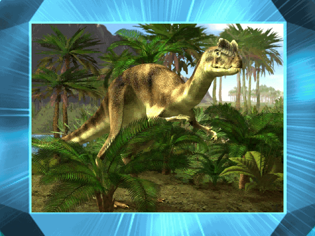A greenish yellow Dilophosaurus stands in a lush forest.