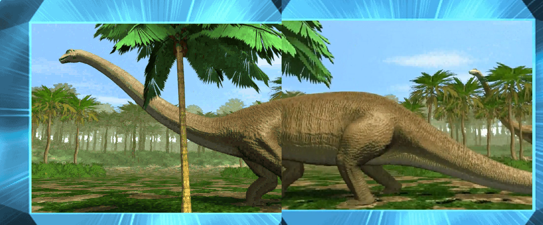 A huge brownish green Diplodocus ambles behind a palm-like tree.