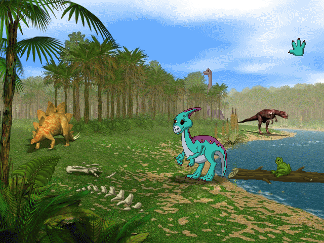 Rolph the Parasaurolophus stands on the shore of a lake. An orange Stegosaurus mills about in the middle distance, and further back stalks an Allosaurus. Further still, a Brachiosaurus browses from the treetops.