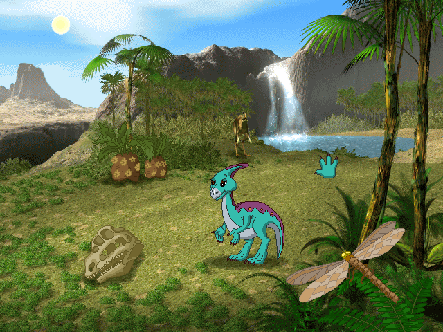Rolph the Parasaurolophus stands in a tropical clearing, with a few trees scattered about and a waterfall in the distance. The skull of a predatory dinosaur sits to his right and a Dilophosaurus prowls by the waterfall.
