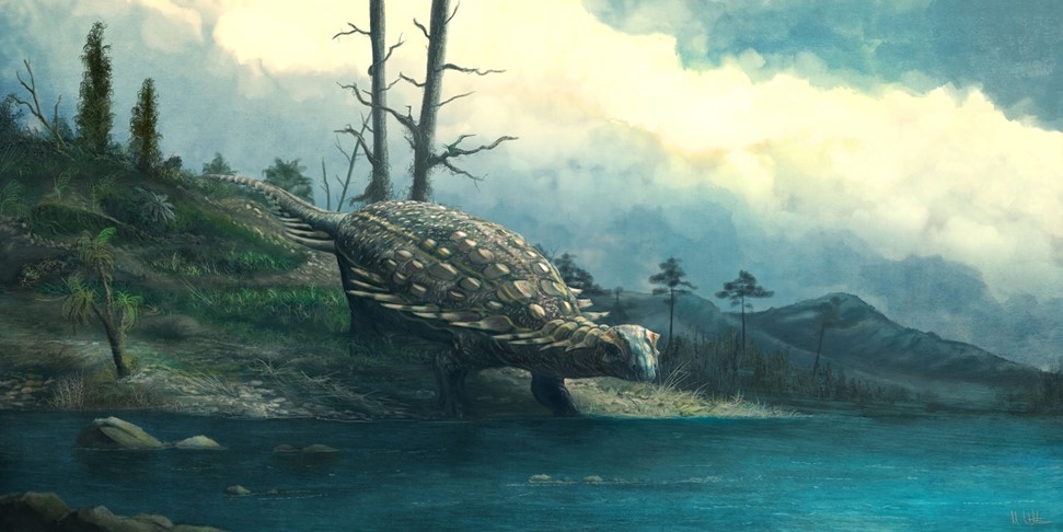 A painting of the armored dinosaur Hylaeosaurus at the edge of a body of fresh water.